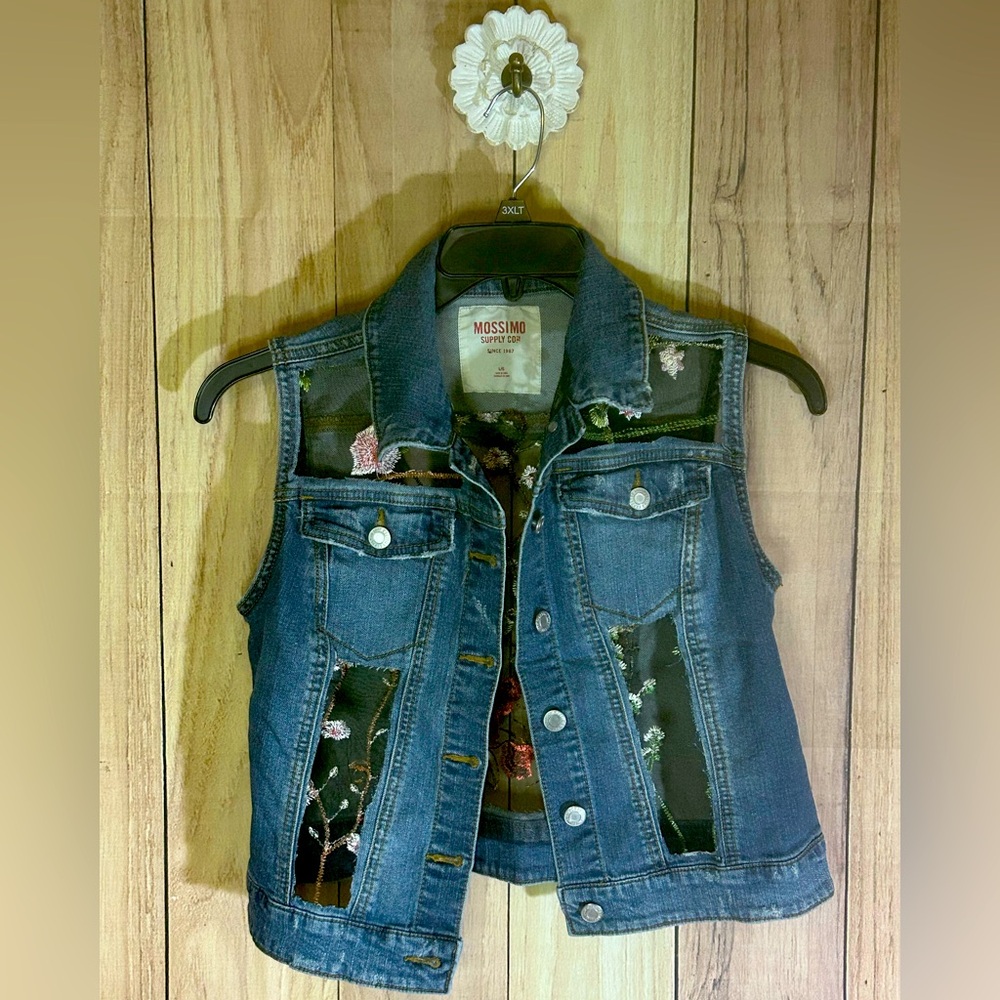 NWT Upcycled Denim Vest with a floral embroidery mesh back.